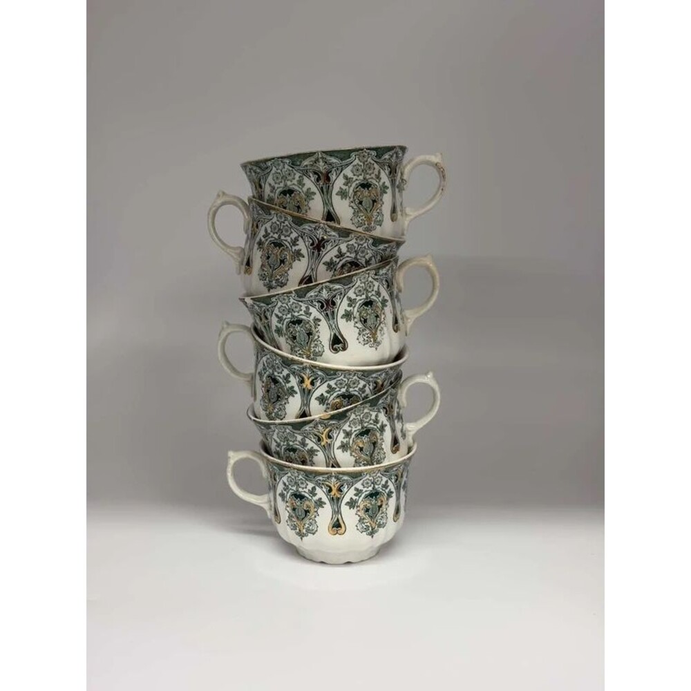 Vintage J&G Meakin Genoa Green Gold Transferware Cups Set of 6 England